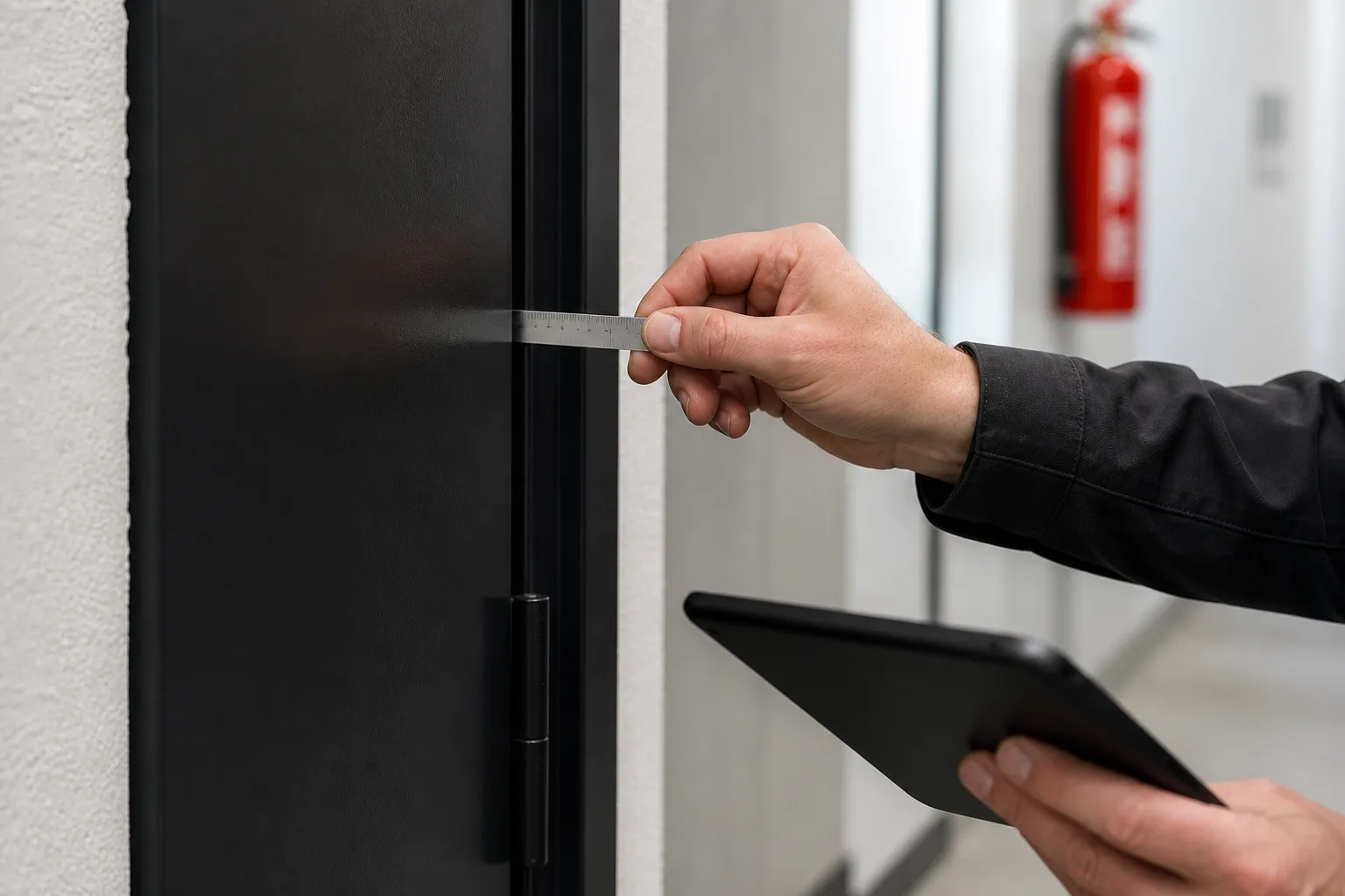Fire safety engineer measuring the gap around a fire door during an inspection