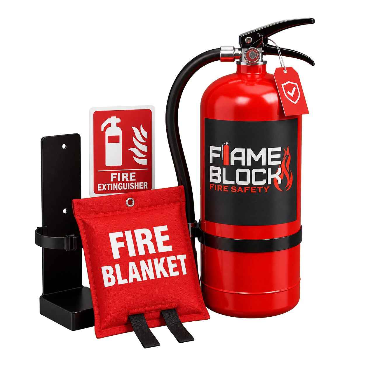 Flame Block branded fire extinguisher with bracket, signage and fire blanket