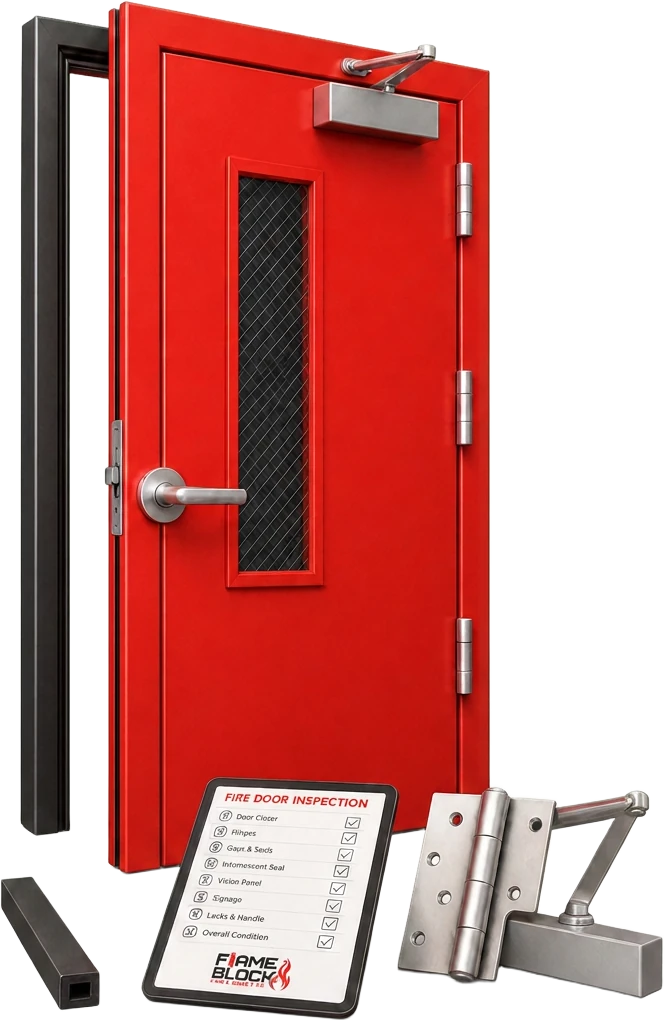 Red fire door with Flame Block branded sign, closer, hinges and inspection checklist