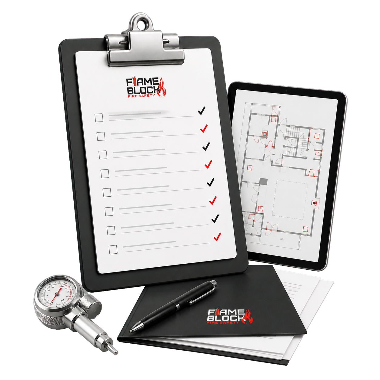 Flame Block branded clipboard used for fire risk assessments