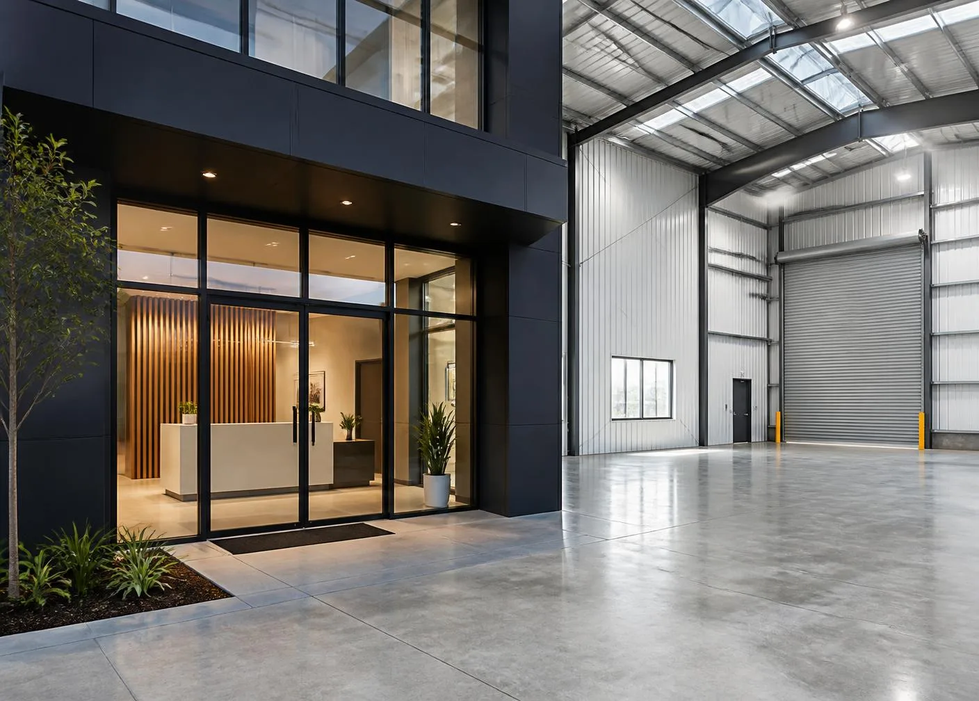 Modern office entrance alongside a clean industrial warehouse interior