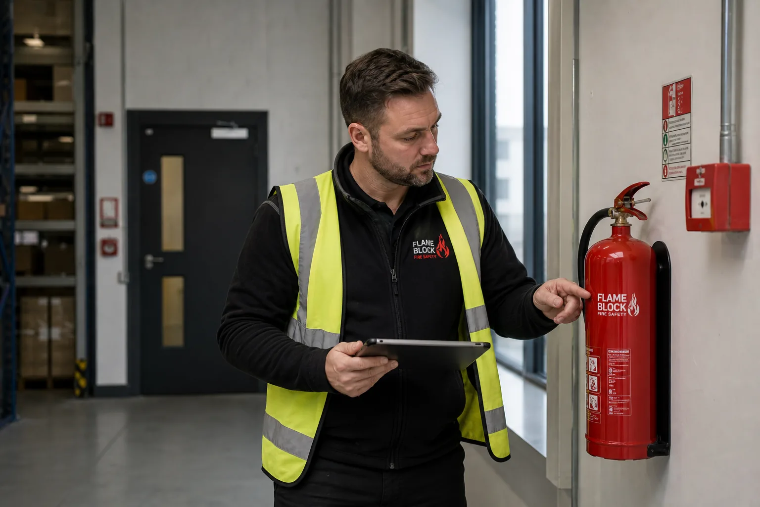 Flame Block fire safety engineer inspecting a fire extinguisher in a commercial warehouse